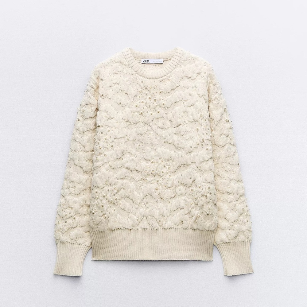 Zara - PEARL TEXTURED KNIT SWEATER Women's Cream Knit Sweater
